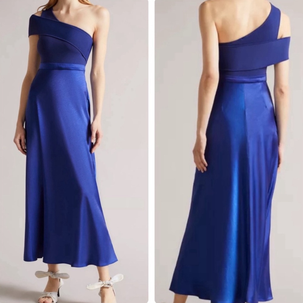 Ted Baker blue one shoulder satin midi dress